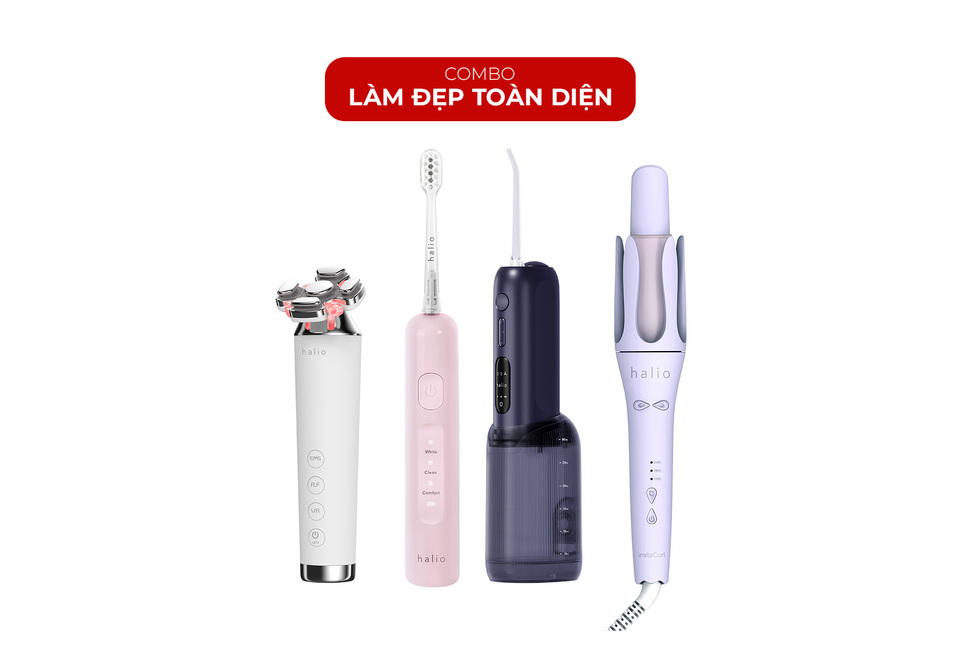 Bộ sản phẩm Combo Làm Đẹp Toàn Diện bao gồm máy massage mặt Halio, bàn chải đánh răng Halio, máy xịt nước và máy cuộn tóc Halio. Cung cấp giải pháp làm đẹp toàn diện cho người dùng.