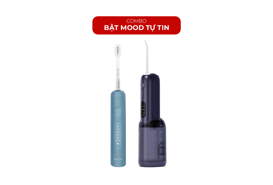 Combo Cười Xinh – Mood Tự Tin, bao gồm bàn chải điện màu xanh và máy xịt nước màu đen, thiết kế hiện đại, giúp chăm sóc răng miệng hiệu quả và mang lại tự tin cho người sử dụng.