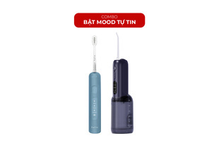 Combo Cười Xinh – Mood Tự Tin, bao gồm bàn chải điện màu xanh và máy xịt nước màu đen, thiết kế hiện đại, giúp chăm sóc răng miệng hiệu quả và mang lại tự tin cho người sử dụng.
