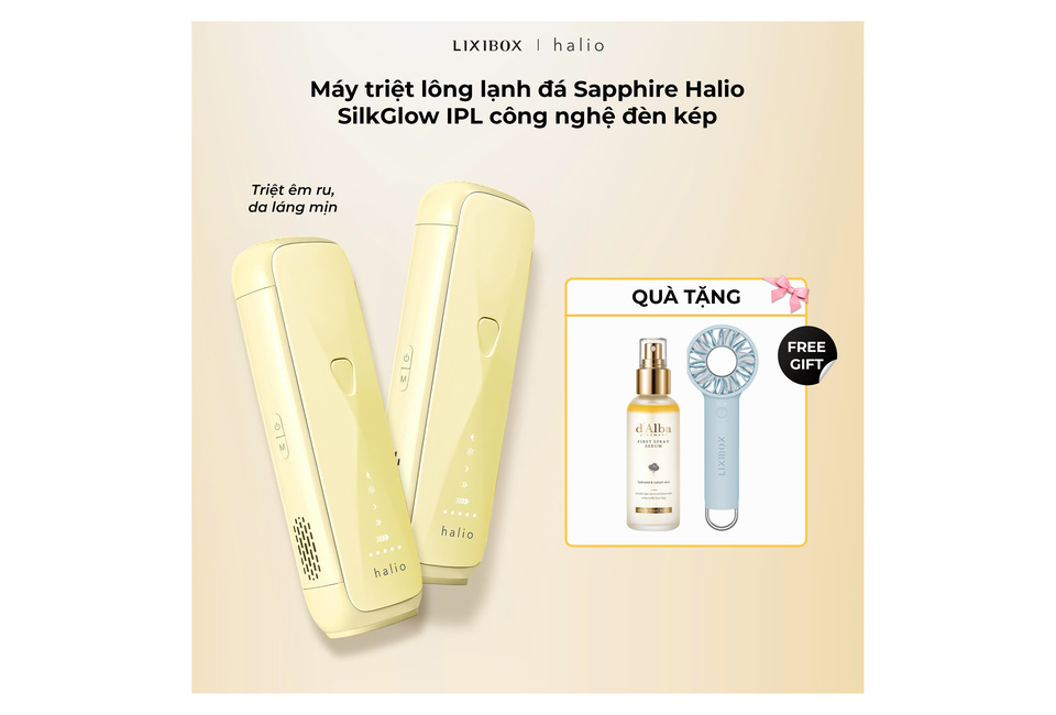Máy triệt lông lạnh đá Sapphire Halio SilkGlow IPL với công nghệ đèn kép, cùng quà tặng bao gồm serum dưỡng da d'Alba và quạt mini Lixibox.