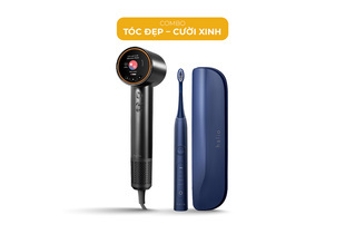 Combo Tóc Đẹp – Cười Xinh bao gồm một máy sấy tóc thiết kế hiện đại và một bàn chải điện Halio, cung cấp giải pháp chăm sóc tóc và răng miệng tiện lợi và hiệu quả.