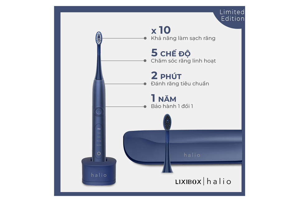 Combo Tóc Đẹp – Cười Xinh: Halio Limited Edition với khả năng làm sạch răng x10, 5 chế độ chăm sóc răng linh hoạt, thời gian đánh răng tiêu chuẩn 2 phút, bảo hành 1 năm, thiết kế đẹp mắt, tiện lợi cho việc chăm sóc răng miệng.