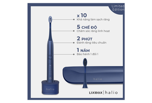 Combo Tóc Đẹp – Cười Xinh: Halio Limited Edition với khả năng làm sạch răng x10, 5 chế độ chăm sóc răng linh hoạt, thời gian đánh răng tiêu chuẩn 2 phút, bảo hành 1 năm, thiết kế đẹp mắt, tiện lợi cho việc chăm sóc răng miệng.