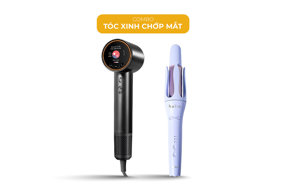 Combo Tóc Xinh Chớp Mắt bao gồm máy sấy tóc hiện đại với chức năng nóng và lạnh tự động và máy uốn tóc Halio. Sản phẩm giúp tạo kiểu tóc nhanh chóng và dễ dàng, mang đến mái tóc xinh xắn, cuốn hút.