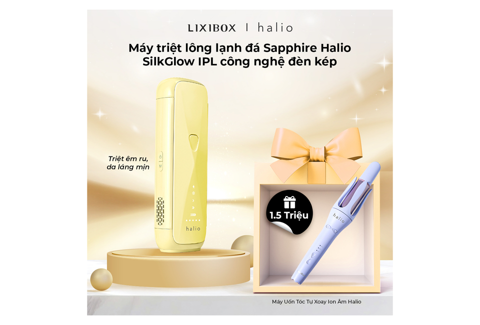 Máy triệt lông lạnh đá Sapphire Halio SilkGlow IPL công nghệ đèn kép, thiết kế tinh tế với màu vàng, kèm theo quà tặng là máy uốn tóc Halio, mang đến trải nghiệm làm đẹp chuyên nghiệp tại nhà.