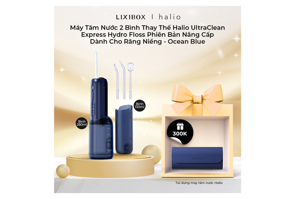 Máy Tăm Nước 2 Bình Thay Thế Halio UltraClean Express Hydro Floss Phiên Bản Nâng Cấp Dành Cho Răng Niềng - Ocean Blue với hai bình chứa 280ml và 130ml, đi kèm với túi đựng màu xanh và quà tặng trị giá 300K.