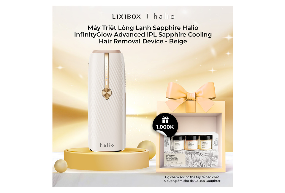 Máy Triệt Lông Lạnh Sapphire Halio InfinityGlow Advanced IPL Sapphire Cooling Hair Removal Device - Beige với thiết kế hiện đại, kèm theo bộ sản phẩm chăm sóc da CoBa's Daughter tiện lợi.
