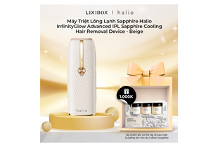 Máy Triệt Lông Lạnh Sapphire Halio InfinityGlow Advanced IPL Sapphire Cooling Hair Removal Device - Beige với thiết kế hiện đại, kèm theo bộ sản phẩm chăm sóc da CoBa's Daughter tiện lợi.