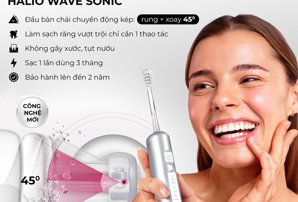 Combo Bật Mood Tự Tin số 2 với bàn chải điện Halio Wave Sonic. Đầu chải rung và xoay 45 độ, dễ dàng làm sạch răng miệng chỉ với 1 thao tác. Sạc 1 lần dùng được 3 tháng, bảo hành 2 năm.