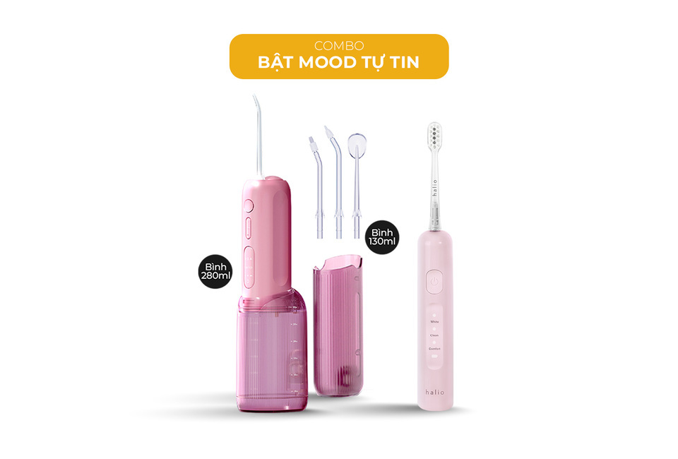 Combo Bật Mood Tự Tin - Pink Whisper bao gồm máy làm sạch răng điện Halio và bình chứa nước 280ml cùng bình 130ml, mang lại trải nghiệm chăm sóc răng miệng hoàn hảo và tự tin hơn.