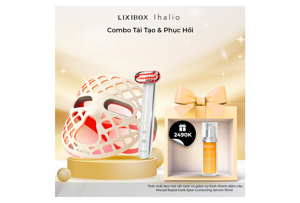 Combo Tái Tạo & Phục Hồi bao gồm mặt nạ halio và máy serum Murad Rapid Dark Spot Correcting Serum 30ml, mang đến giải pháp làm đẹp hiệu quả cho làn da.
