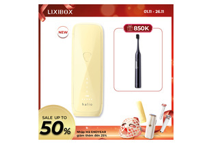 Máy Triệt Lông Halio SilkGlow IPL Sapphire Cooling Hair Removal Device màu vàng với các biểu tượng điều chỉnh công suất, dễ sử dụng, thiết kế hiện đại, kèm theo các sản phẩm chăm sóc sắc đẹp khác trong một khung đậm nét.