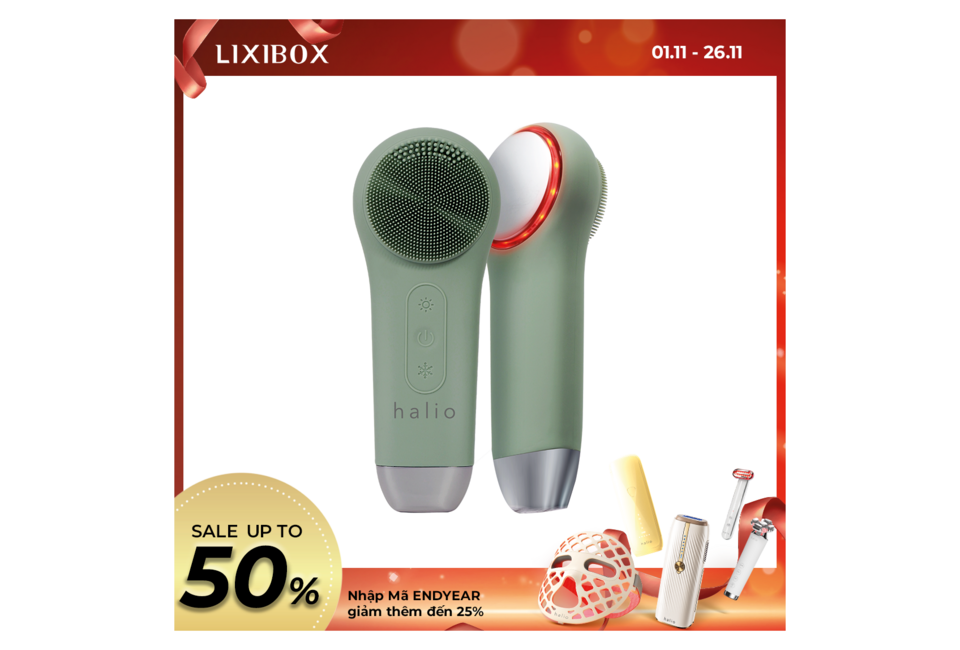 Máy Rửa Mặt Massage Tích Hợp Liệu Pháp Ánh Sáng và Nhiệt Halio Multi-task Cleansing & Massaging Device with Red Blue Light Therapy 5 in 1 - Sage Green. Sản phẩm lý tưởng cho việc chăm sóc sắc đẹp với công nghệ hiện đại.