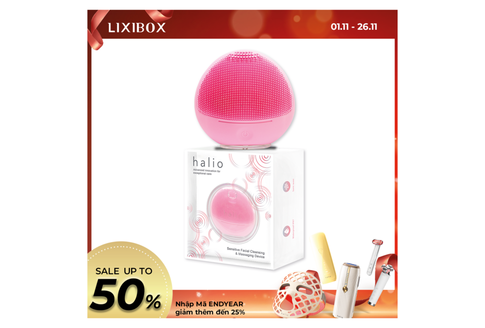 Máy rửa mặt dành cho da nhạy cảm Halio Sensitive Facial Cleansing & Massaging Device phiên bản giới hạn màu hồng nhạt, tiện lợi cho việc làm sạch và massage da mặt, thiết kế độc đáo và sang trọng.