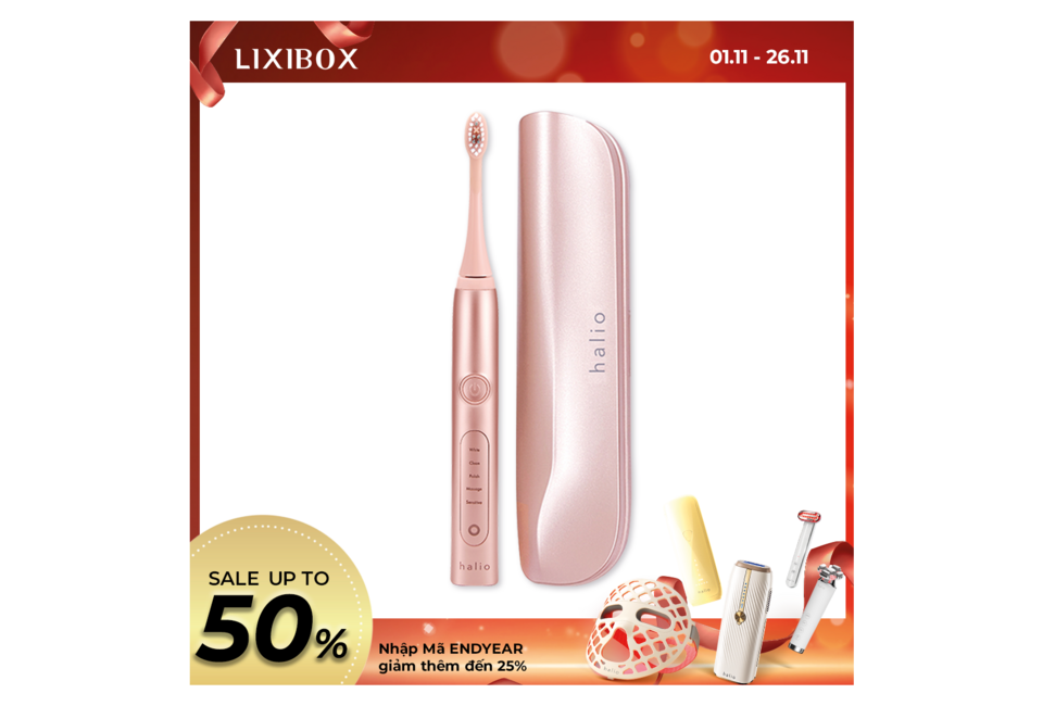 Bàn chải điện làm trắng răng Halio Sonic Whitening Toothbrush màu hồng vàng, thiết kế sang trọng với chế độ làm sạch đa dạng, đi kèm hộp bảo quản tiện lợi, sản phẩm lý tưởng cho nụ cười rạng rỡ.