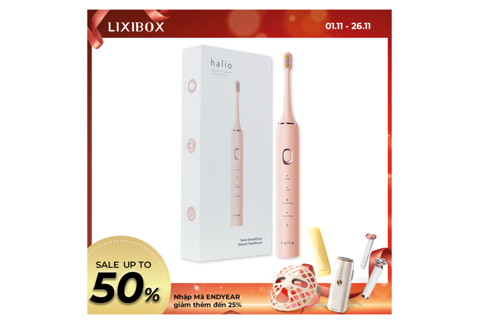 Bàn chải điện Halio Sonic SmartClean Electric Toothbrush Coral trong bao bì sang trọng, với chức năng làm sạch đặc biệt và màu hồng nhạt, đặt trên nền quảng cáo giảm giá hấp dẫn.
