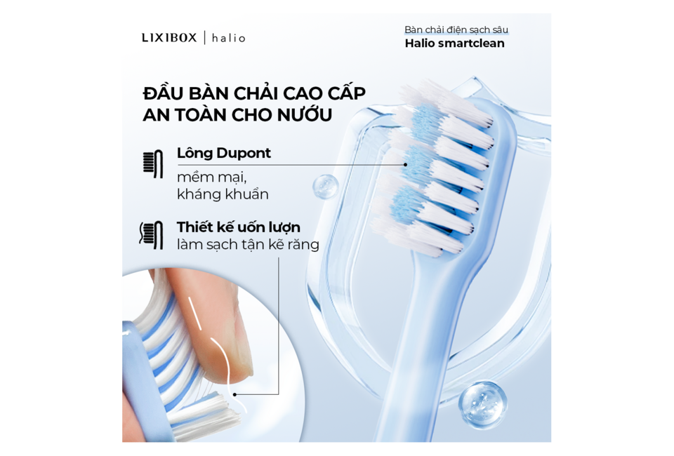 Chi tiết về Bàn chải điện Halio Sonic SmartClean Electric Toothbrush C’est Lavie với đầu bàn chải cao cấp an toàn cho nướu, lông Dupont mềm mại và thiết kế uốn lượn giúp làm sạch tận kẽ răng.