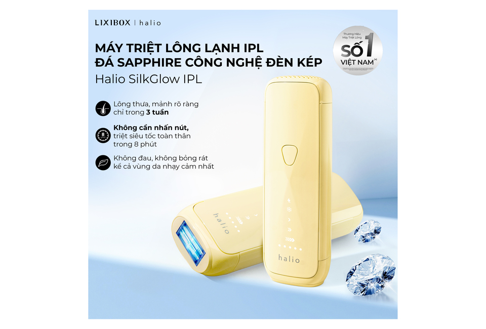 Máy Triệt Lông Halio SilkGlow IPL Sapphire Cooling Hair Removal Device màu vàng với công nghệ IPL giúp triệt lông hiệu quả mà không đau, sử dụng nhanh chóng trong 8 phút cho kết quả chỉ sau 3 tuần.