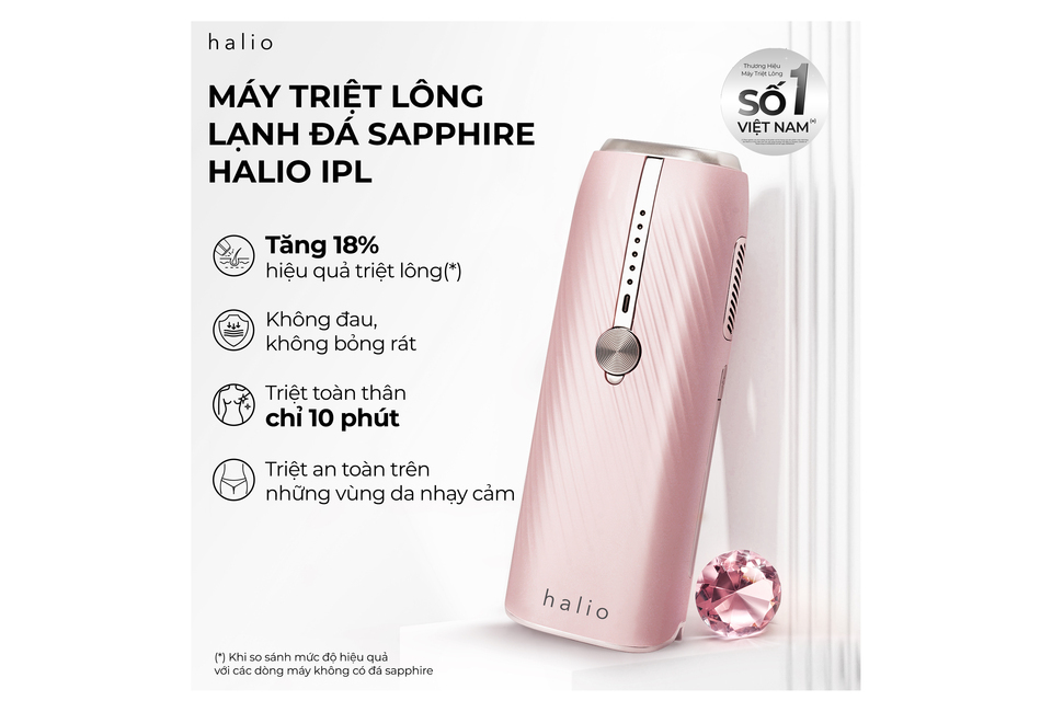 Máy Triệt Lông Lạnh Sapphire Halio InfinityGlow Advanced IPL Sapphire Cooling Hair Removal Device màu hồng. Sản phẩm với hiệu quả triệt lông nâng cao 18%, nhẹ nhàng, không đau, và tiệt toàn thân chỉ trong 10 phút.