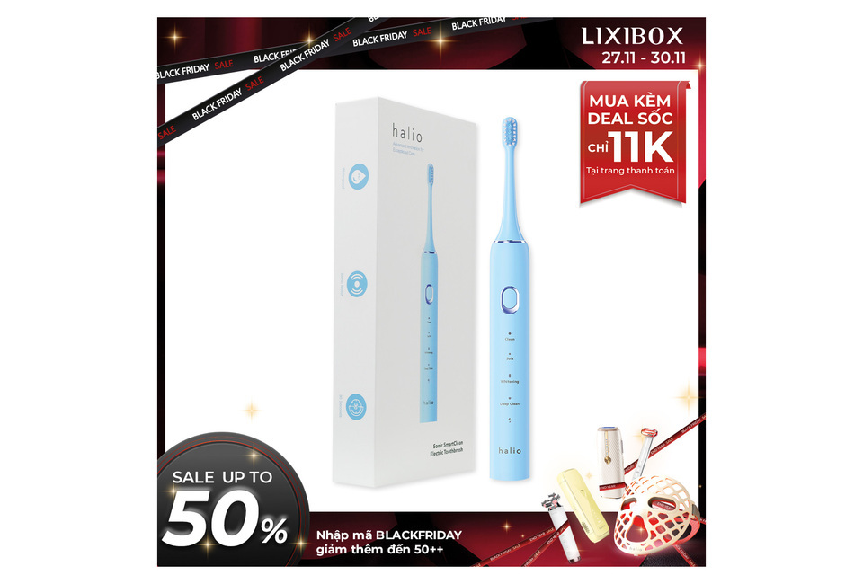 Bàn chải điện Halio Sonic SmartClean Electric Toothbrush Sky Blue, thiết kế hiện đại với các chế độ Clean, Soft, Whitening, và Deep Clean, mang lại trải nghiệm đánh răng tối ưu.