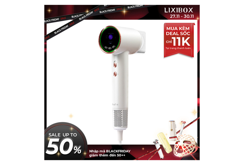 Máy Sấy Tóc Ion Âm Halio Hypersonic Hair Dryer màu Trắng Ngọc trai, thiết kế hiện đại và sang trọng, phù hợp cho việc tạo kiểu tóc hiệu quả. Khuyến mại đặc biệt nhân dịp Black Friday với nhiều ưu đãi hấp dẫn.