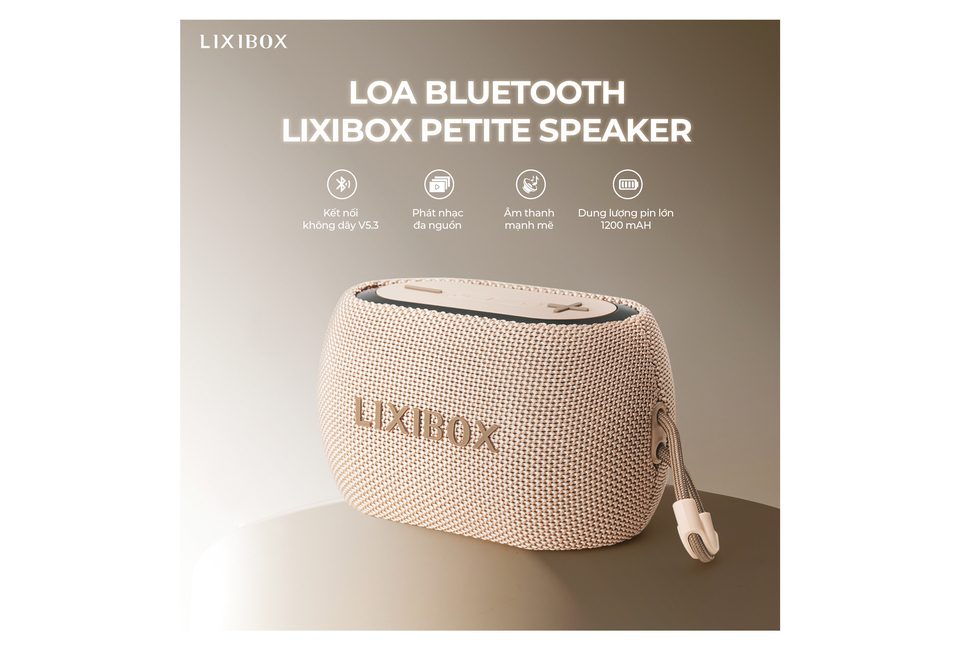 Loa Bluetooth Lixibox Petite Speaker với khả năng kết nối không dây V5.3, âm thanh mạnh mẽ và dung lượng pin 1200 mAh, lý tưởng cho việc phát nhạc đa nguồn.