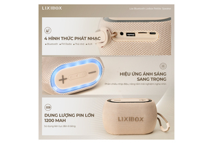 Loa Bluetooth Lixibox Petite Speaker với các chế độ phát nhạc đa dạng như Bluetooth, FM Radio và AUX, đi kèm hiệu ứng ánh sáng mạnh mẽ và pin dung lượng 1200 mAh.