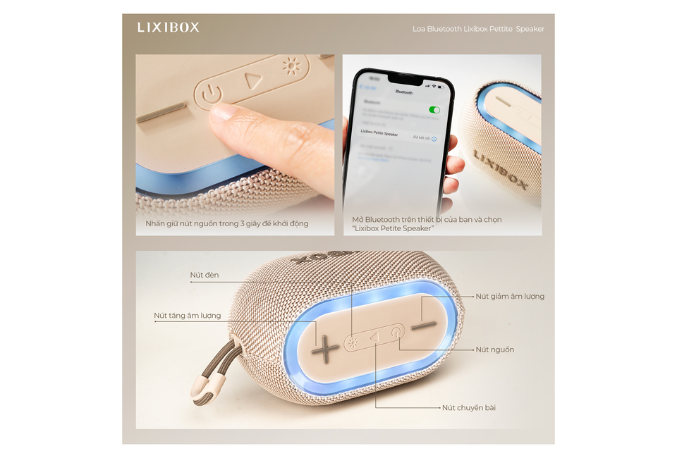Loa Bluetooth Lixibox Petite Speaker với nút nguồn, nút tăng giảm âm lượng, và nút chuyển bài dễ sử dụng. Kết nối Bluetooth nhanh chóng giúp trải nghiệm nghe nhạc tiện lợi.