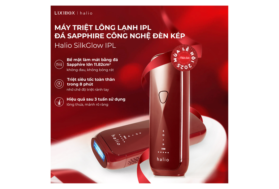 Máy Triệt Lông Halio SilkGlow IPL Sapphire Cooling Hair Removal Device - Rouge với công nghệ đèn kép và bề mặt làm mát bằng đá Sapphire, giúp triệt lông hiệu quả và an toàn chỉ trong 8 phút, thích hợp cho mọi làn da, đạt được hiệu quả rõ rệt sau 3 tuần sử dụng.