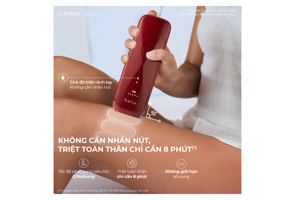 Máy triệt lông Halio SilkGlow IPL Sapphire Cooling Hair Removal Device - Rouge với thiết kế tiện dụng, công nghệ IPL mang lại hiệu quả triệt lông nhanh chóng. Không cần nhấn nút, triệt toàn thân chỉ cần 8 phút.