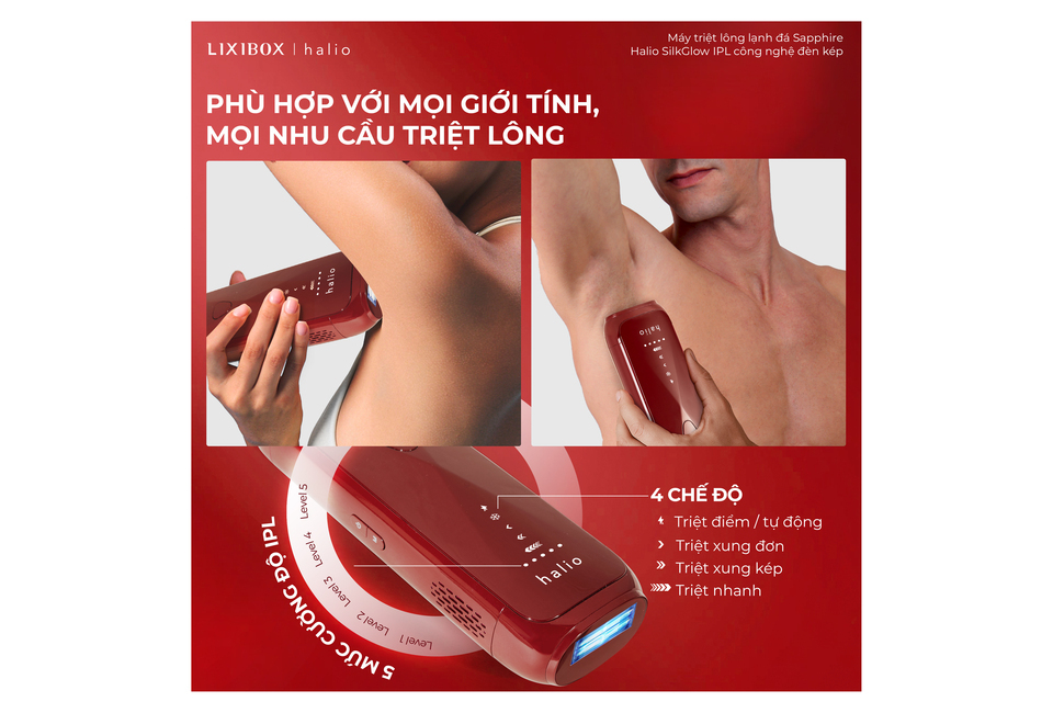 Máy Triệt Lông Halio SilkGlow IPL Sapphire Cooling Hair Removal Device - Rouge với tính năng 4 chế độ triệt lông, phù hợp cho mọi giới tính, hiệu quả cao và dễ sử dụng, mang lại làn da mịn màng như mong muốn.