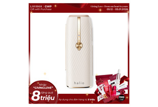 Máy Triệt Lông Lạnh Sapphire Halio InfinityGlow Advanced IPL Sapphire Cooling Hair Removal Device màu be, thiết kế hiện đại với các nút điều khiển và đèn báo.