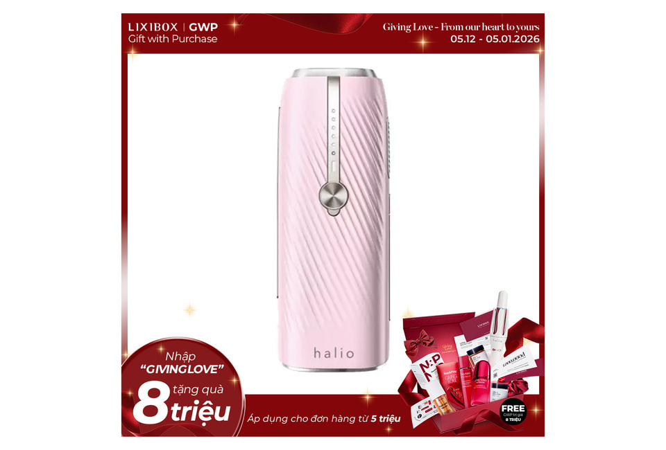 Máy Triệt Lông Lạnh Sapphire Halio InfinityGlow Advanced IPL Sapphire Cooling Hair Removal Device Kèm Set Gift - Màu hồng nhạt với thiết kế hiện đại, nằm trong khung nền đỏ, kèm theo quà tặng hấp dẫn cho khách hàng.