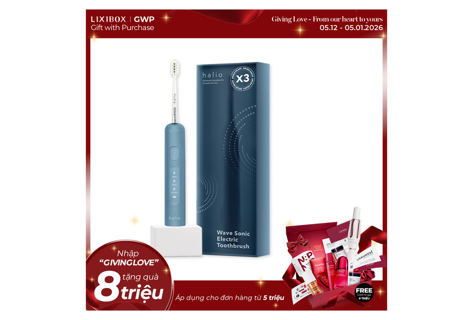 Bàn chải điện tích hợp công nghệ chuyển động kép Halio Wave Sonic Electric Toothbrush - Smoky Sky, với thiết kế hiện đại và bảng điều khiển dễ sử dụng. Sản phẩm được bao bọc bởi hộp sang trọng, mang đến trải nghiệm vệ sinh răng miệng hiệu quả.