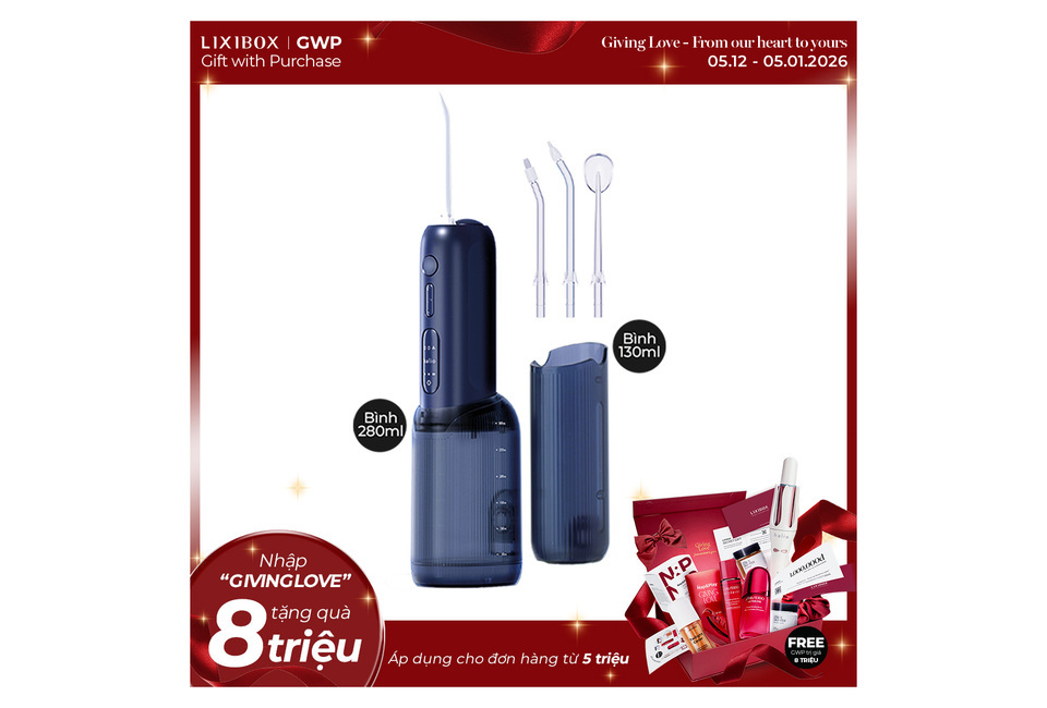 Máy Tăm Nước 2 Bình Thay Thế Halio UltraClean Express Hydro Floss Phiên Bản Nâng Cấp Dành Cho Răng Niềng - Ocean Blue với hai bình nước 130ml và 280ml và các đầu tăm tiện lợi.