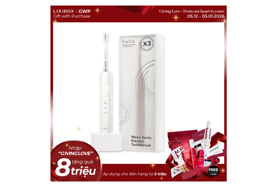 Bàn chải điện tích hợp công nghệ chuyển động kép Halio Wave Sonic Electric Toothbrush - Cloud White kèm bao bì, thiết kế hiện đại, chế độ làm sạch và làm trắng răng.