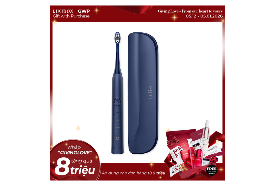 Bàn chải điện làm trắng răng Halio Sonic Whitening Electric Toothbrush Limited Edition - Midnight Blue, đi kèm với hộp đựng tiện lợi, thiết kế hiện đại với các chế độ làm trắng và chăm sóc răng miệng.