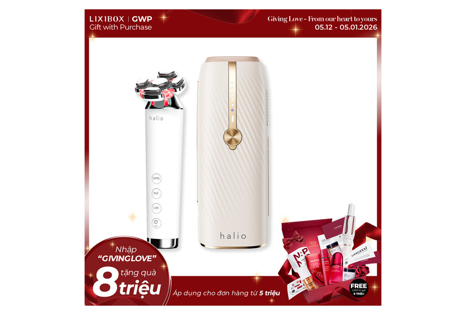 Combo Mịn Màng Chuẩn Góc gồm máy chăm sóc da halio và thiết bị hỗ trợ, kèm theo quà tặng trị giá 8 triệu đồng cho đơn hàng từ 5 triệu. Chương trình "Giving Love" diễn ra từ 05.12 - 05.01.2026.
