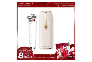 Combo Mịn Màng Chuẩn Góc gồm máy chăm sóc da halio và thiết bị hỗ trợ, kèm theo quà tặng trị giá 8 triệu đồng cho đơn hàng từ 5 triệu. Chương trình "Giving Love" diễn ra từ 05.12 - 05.01.2026.