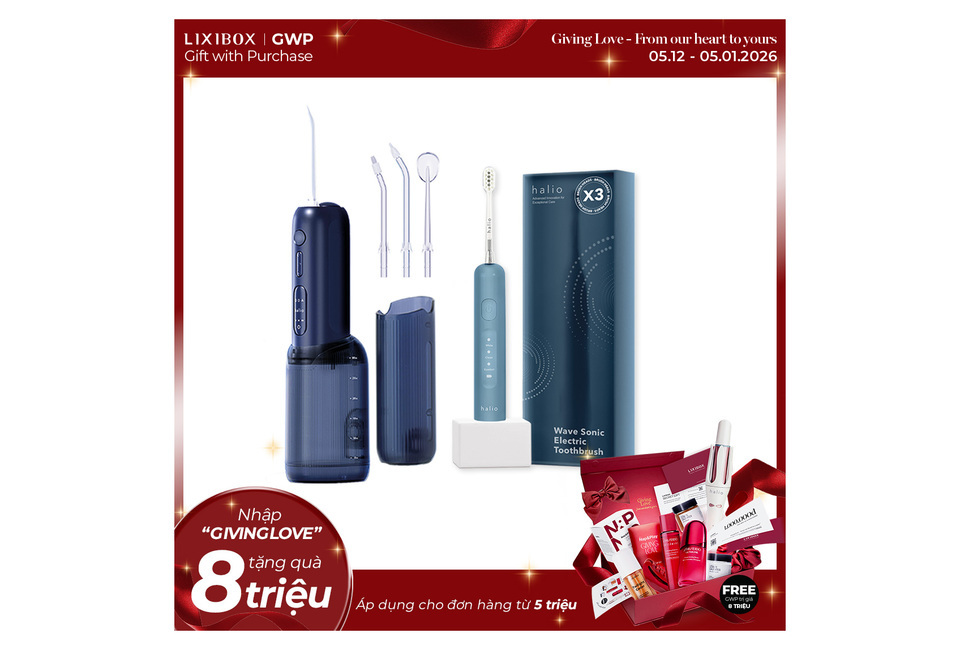 Hộp Combo Bật Mood Tự Tin bao gồm bàn chải điện sonic Wave Halio và bộ phụ kiện, mang đến trải nghiệm chăm sóc răng miệng thuận tiện và hiệu quả. Sản phẩm lý tưởng cho những ai muốn nâng cao thói quen vệ sinh cá nhân.
