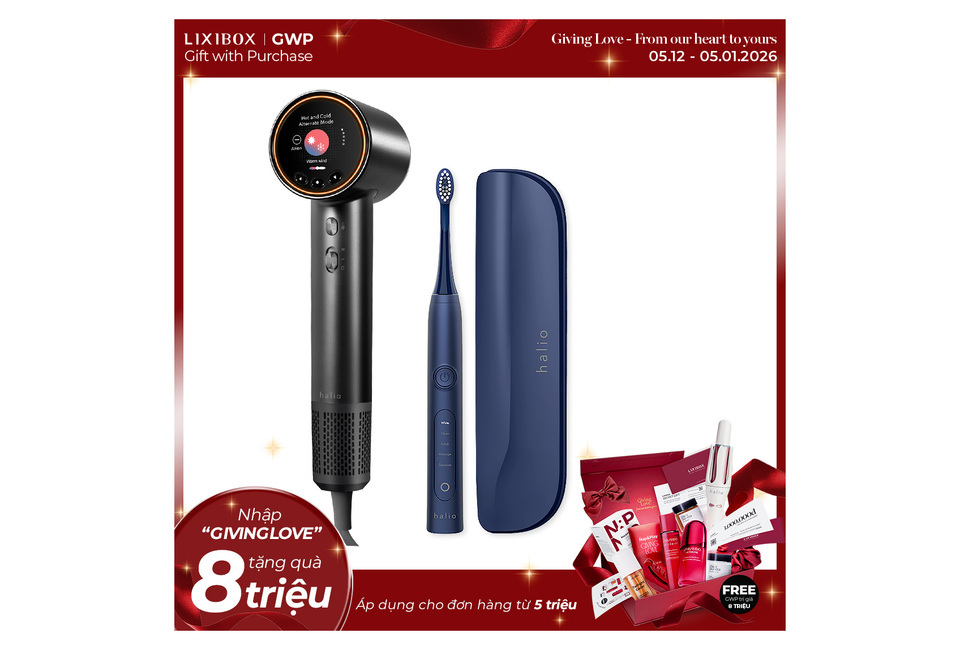 Combo Tóc Đẹp – Cười Xinh bao gồm máy sấy tóc halio và bàn chải điện halio, với khuyến mãi đặc biệt "Nhập 'GIVINGLOVE' để nhận quà tặng trị giá 8 triệu". Sản phẩm phù hợp cho chăm sóc sắc đẹp và sức khỏe răng miệng, đặc biệt dành cho đơn hàng từ 5 triệu.
