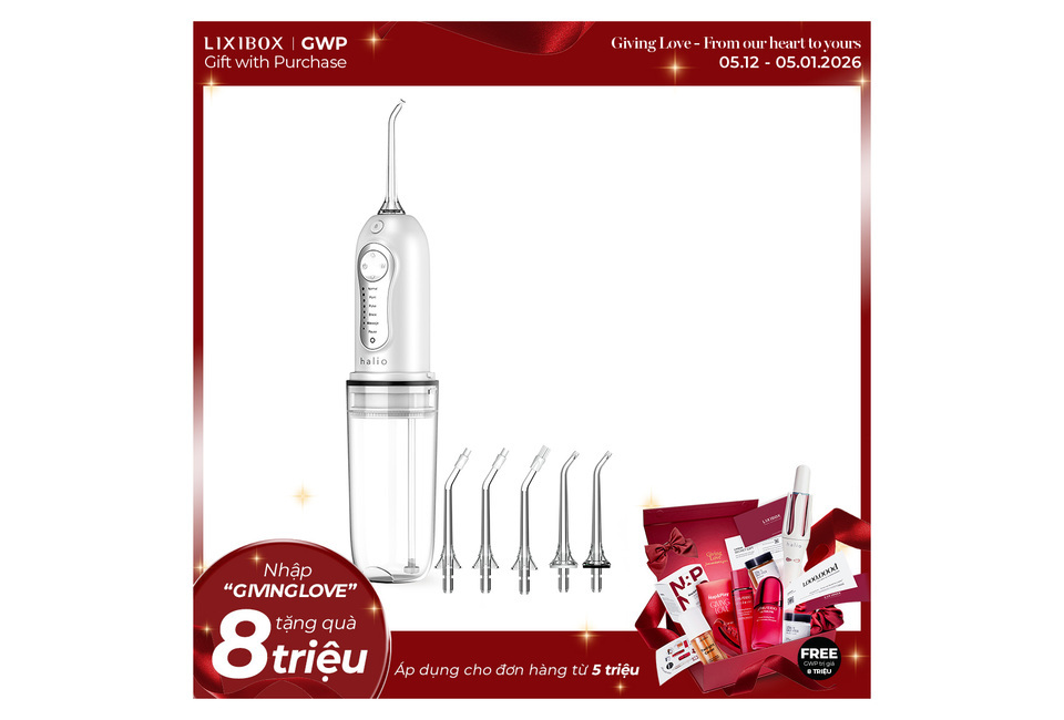 Máy tăm nước cầm tay 6 chế độ Halio Professional Cordless Oral Irrigator với thiết kế tiện dụng, bao gồm 5 đầu tăm nước, lý tưởng cho việc vệ sinh răng miệng hàng ngày một cách hiệu quả.
