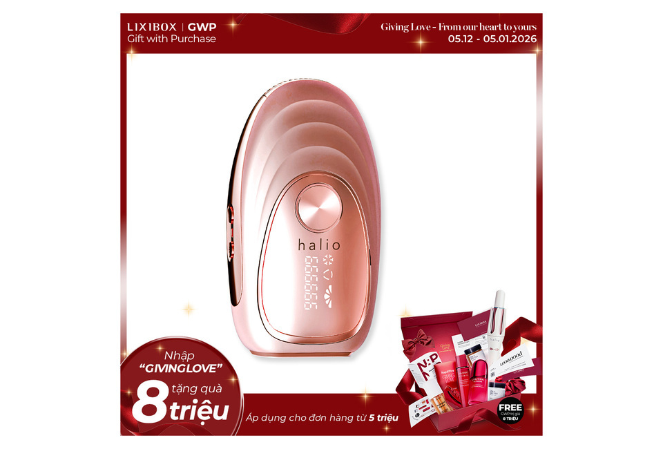 Máy Triệt Lông Lạnh Cá Nhân Halio IPL Cooling Hair Removal Device với thiết kế tinh tế màu hồng và bảng điều khiển hiển thị thông tin. Hình ảnh quảng bá sản phẩm kèm theo các quà tặng hấp dẫn khi mua hàng.