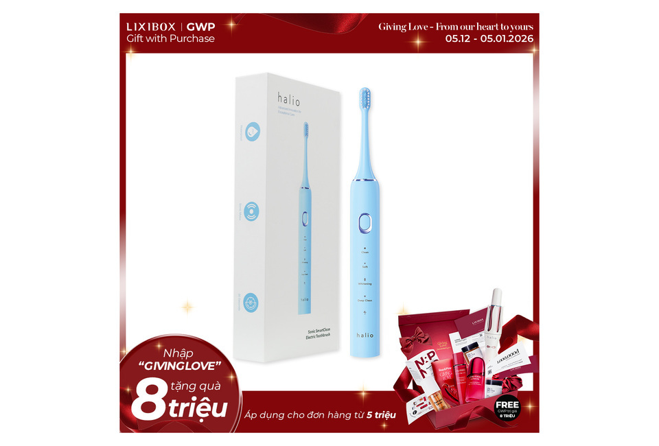 Bàn chải điện Halio Sonic SmartClean Electric Toothbrush Sky Blue với thiết kế hiện đại, nhiều chế độ đánh răng, giúp làm sạch và làm trắng răng hiệu quả. Phù hợp cho gia đình, mang lại nụ cười tươi sáng mỗi ngày.