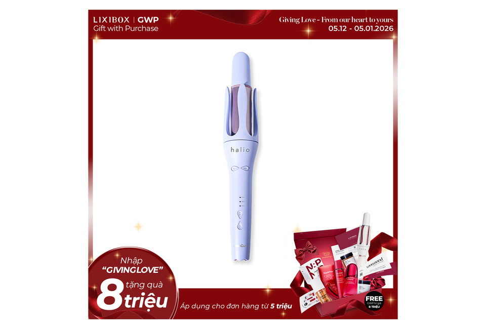Máy Uốn Tóc Tự Xoay Ion Âm Halio instaCurl Premium Automatic Hair Styler màu xanh nhạt với thiết kế hiện đại và tính năng tự động, lý tưởng cho việc tạo kiểu tóc dễ dàng và nhanh chóng. Sản phẩm đi kèm quà tặng hấp dẫn khi mua hàng.