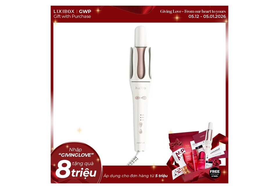 Máy Uốn Tóc Tự Xoay Ion Âm Halio instaCurl Premium Automatic Hair Styler màu Trắng Ngọc Trai, sản phẩm làm tóc tự động với công nghệ ion âm, thiết kế hiện đại và dễ sử dụng, lý tưởng cho những kiểu tóc xoăn hoàn hảo.