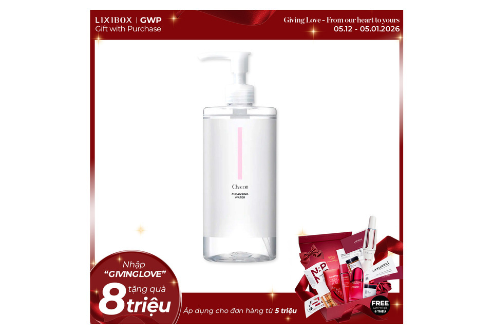 Nước tẩy trang Chacott Cleansing Water 500ml, thiết kế đơn giản với vòi pump, phù hợp cho việc tẩy trang nhẹ nhàng và hiệu quả. Sản phẩm được tặng kèm với đơn hàng trên 5 triệu đồng.