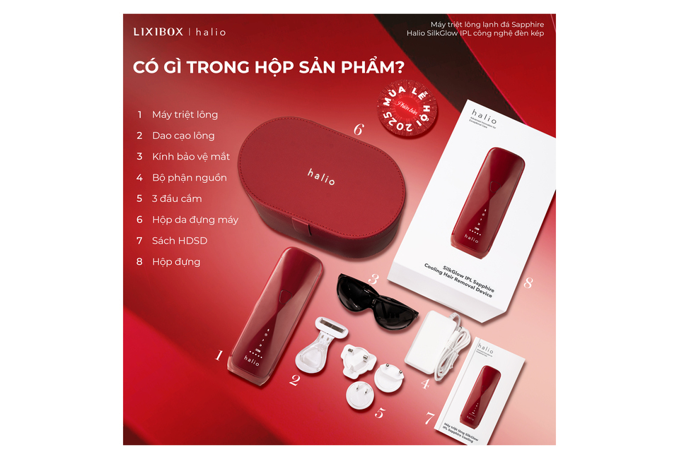 Hộp Combo Da Sáng Mịn - Thẩm Thấu Tối Đa chứa máy triệt lông Halio SilkGlow IPL, phụ kiện như kính bảo vệ mắt, bộ phận nguồn, sách hướng dẫn, và các phụ kiện khác cho quá trình triệt lông hiệu quả.