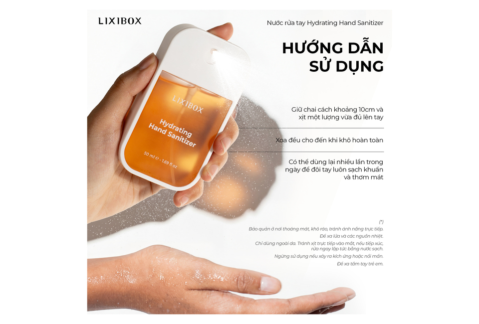 Nước Rửa Tay Khô Lixibox Hydrating Hand Sanitizer - Floral Nectar 50 ml được hướng dẫn sử dụng xịt một lượng vừa đủ lên tay và xoa đều cho đến khi khô hoàn toàn, giúp tay luôn sạch khuẩn và thơm mát.