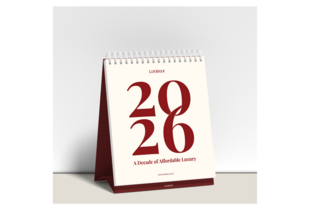 Lịch Để Bàn Lixibox 2026 Calendar với thiết kế tối giản, hiển thị năm 2026 và thông điệp "A Decade of Affordable Luxury". Sản phẩm hoàn hảo cho việc lên kế hoạch và trang trí không gian làm việc.